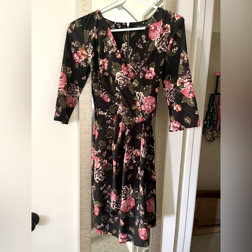 Black floral sheath wrap dress